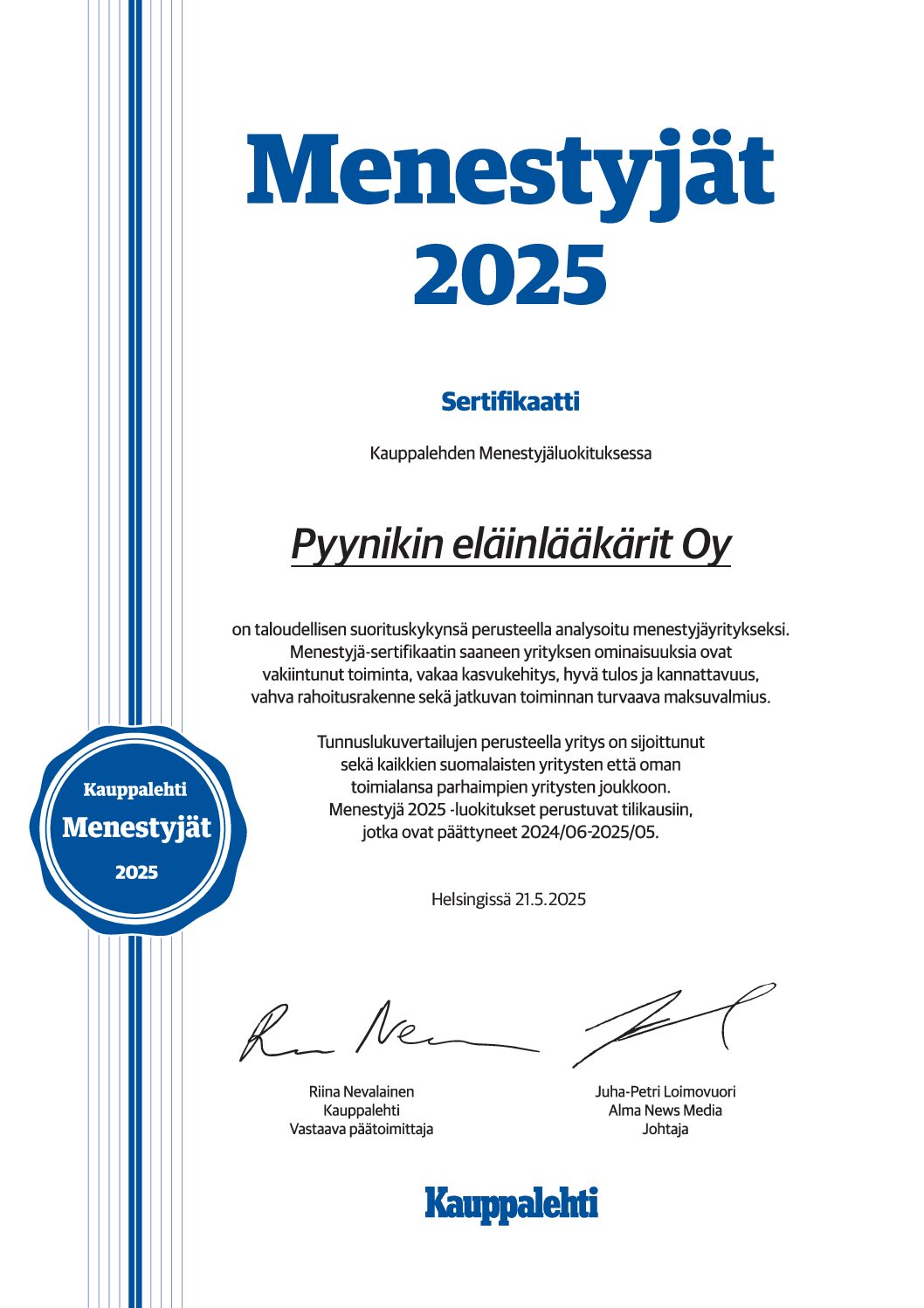 Pyynikin Eläinlääkärit on yksi Menestyjistä 2025